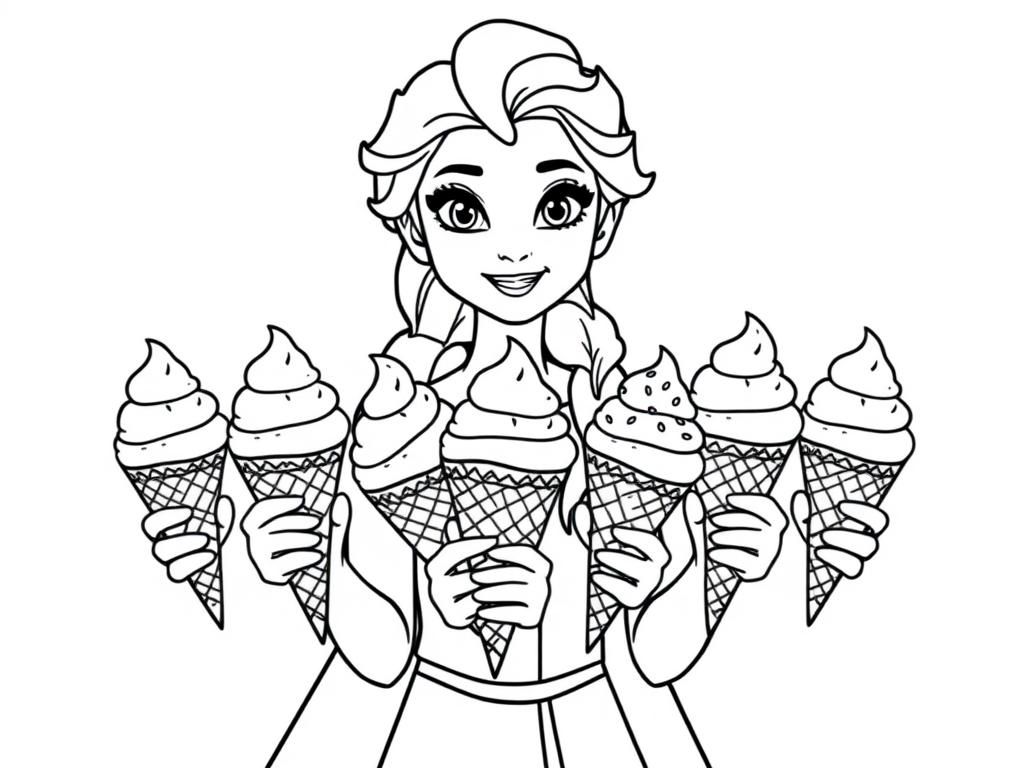 Elsa holding 10 ice cream cones with sprinkles - Free Printable Coloring Page