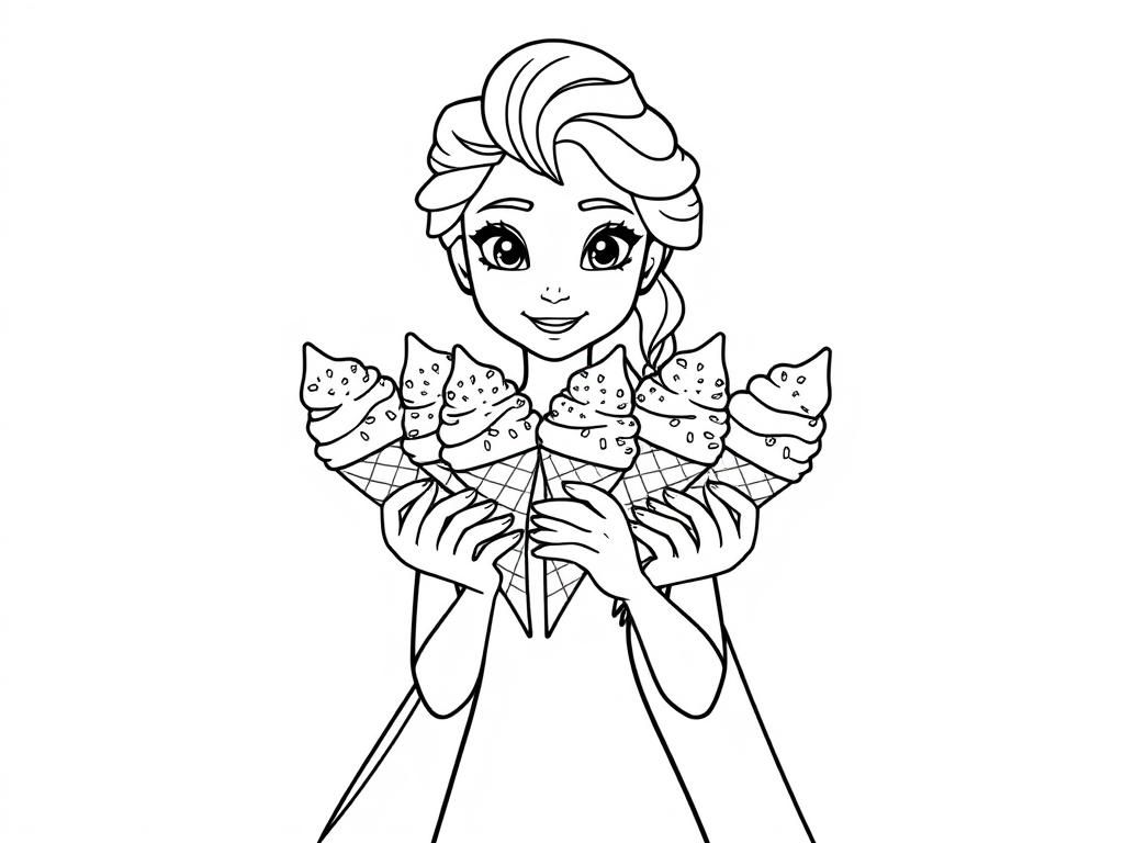 Elsa holding 10 ice cream cones with sprinkles - Free Printable Coloring Page