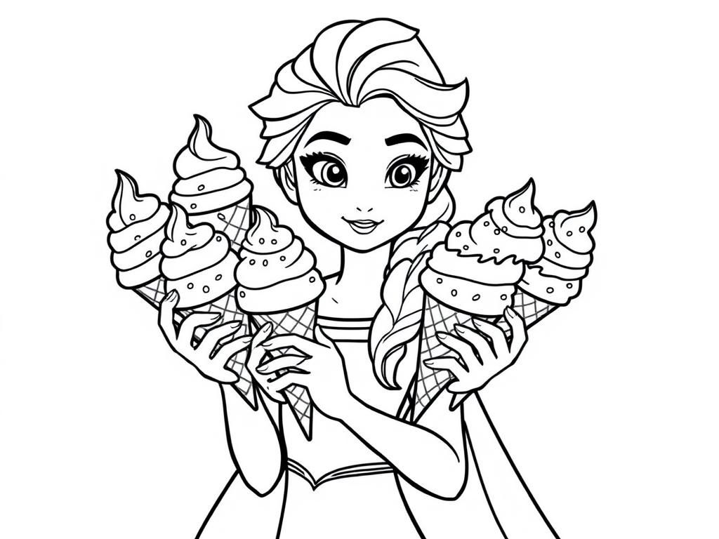 Elsa holding 10 ice cream cones with sprinkles - Free Printable Coloring Page