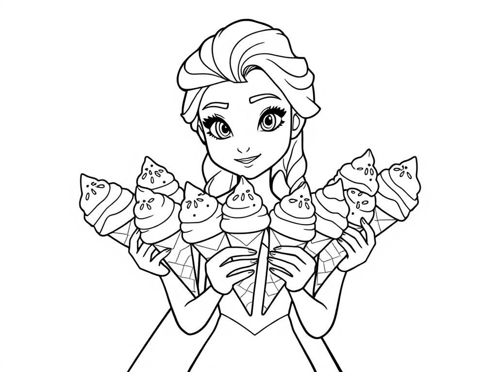 Elsa holding 10 ice cream cones with sprinkles - Free Printable Coloring Page