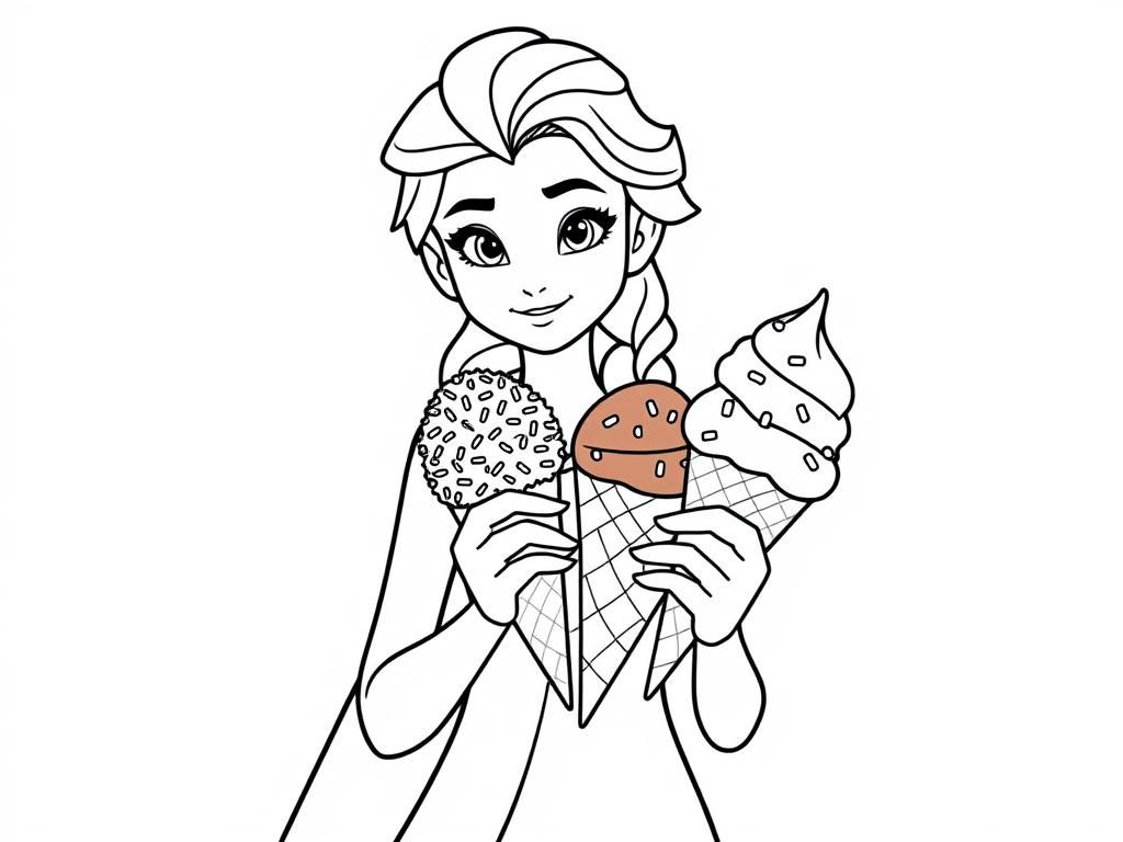 Elsa, holding three ice cream cones with sprinkles, one chocolate and vanilla - Free Printable Coloring Page