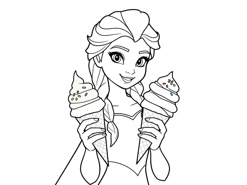 Elsa, holding two ice cream cones with sprinkles, one chocolate and vanilla - Free Printable Coloring Page