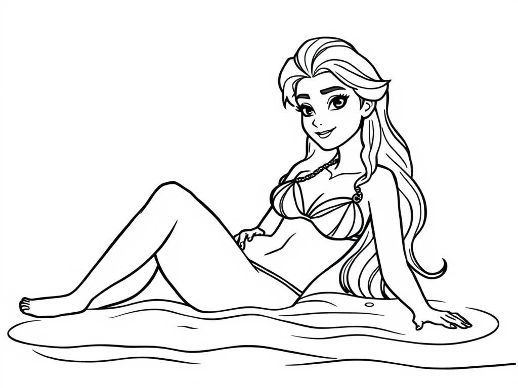 Elsa laying on the beach in bikini getting sun, and old standing in the water trying to get cold and not melt - Free Printable Coloring Page