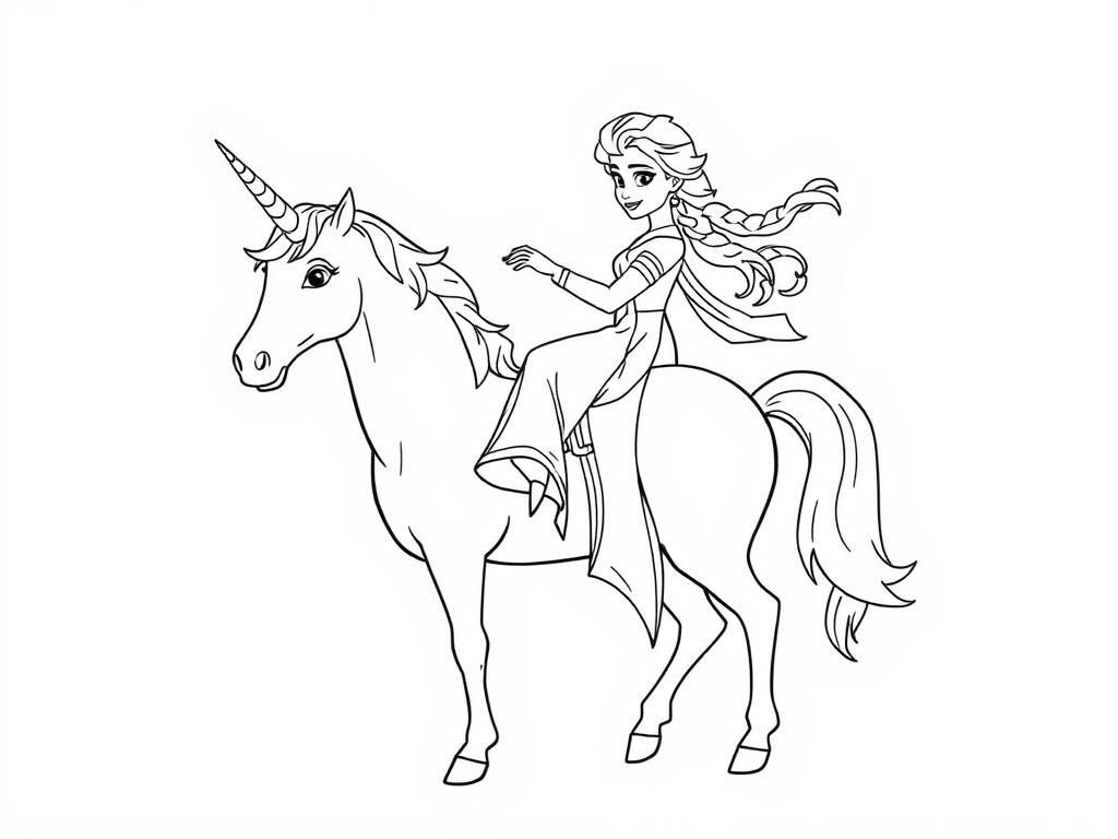 Elsa Riding Unicorn Coloring Page