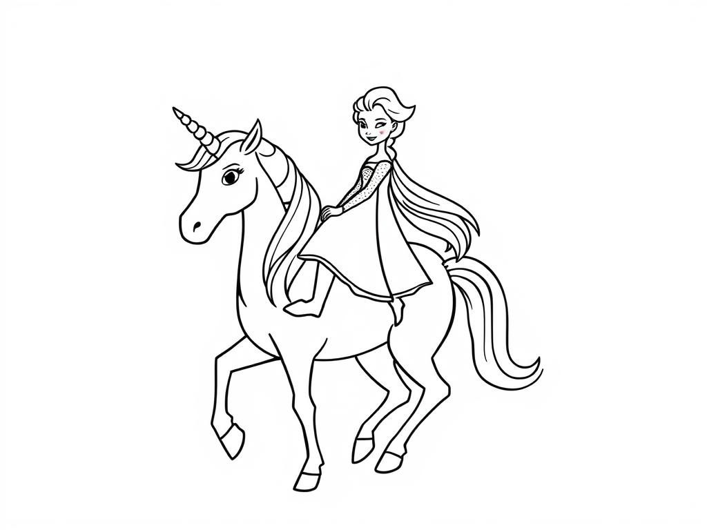 Elsa Riding Unicorn Horse Coloring Page