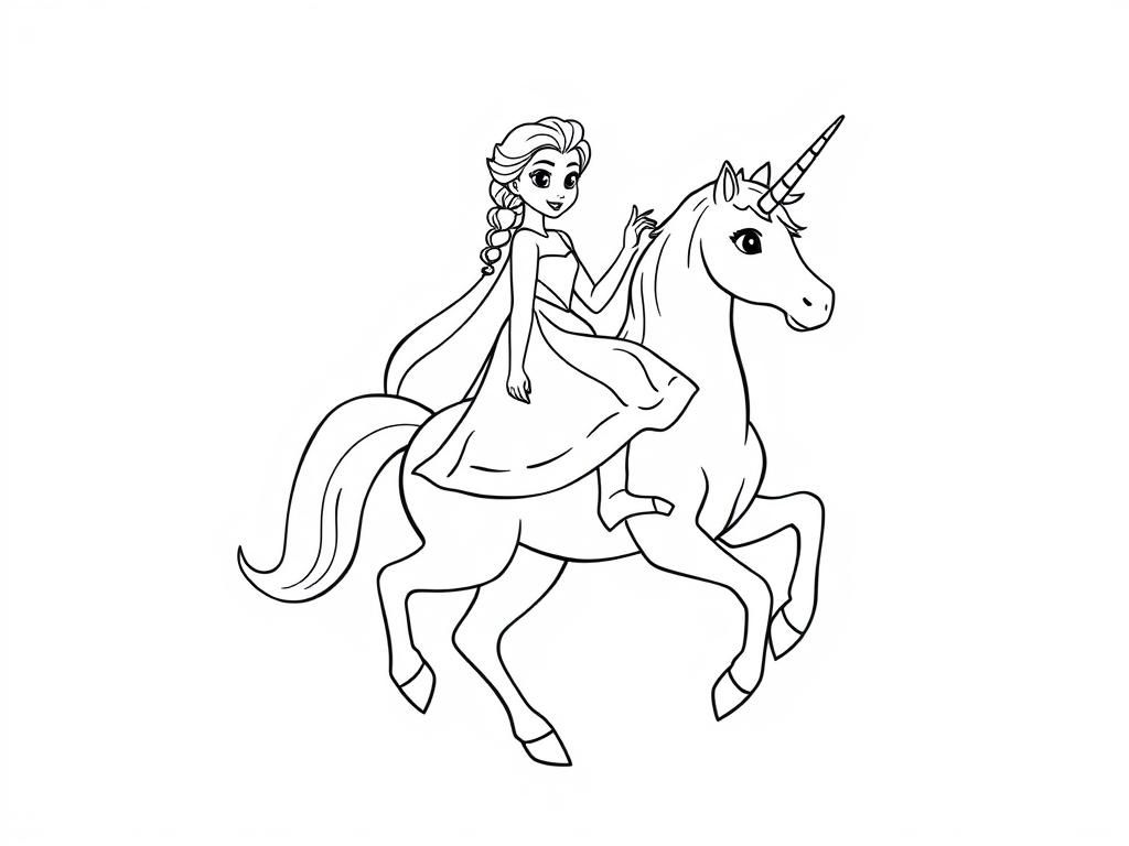 Elsa Riding Unicorn Coloring Page