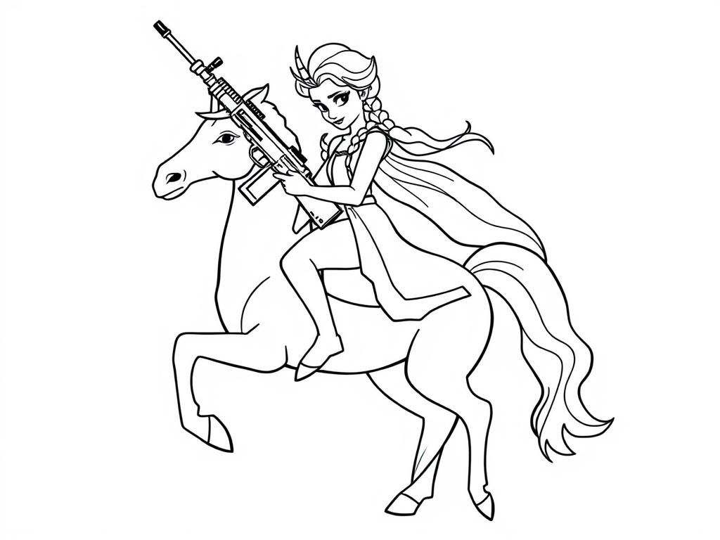 Princess on Horseback with Gun Coloring Page