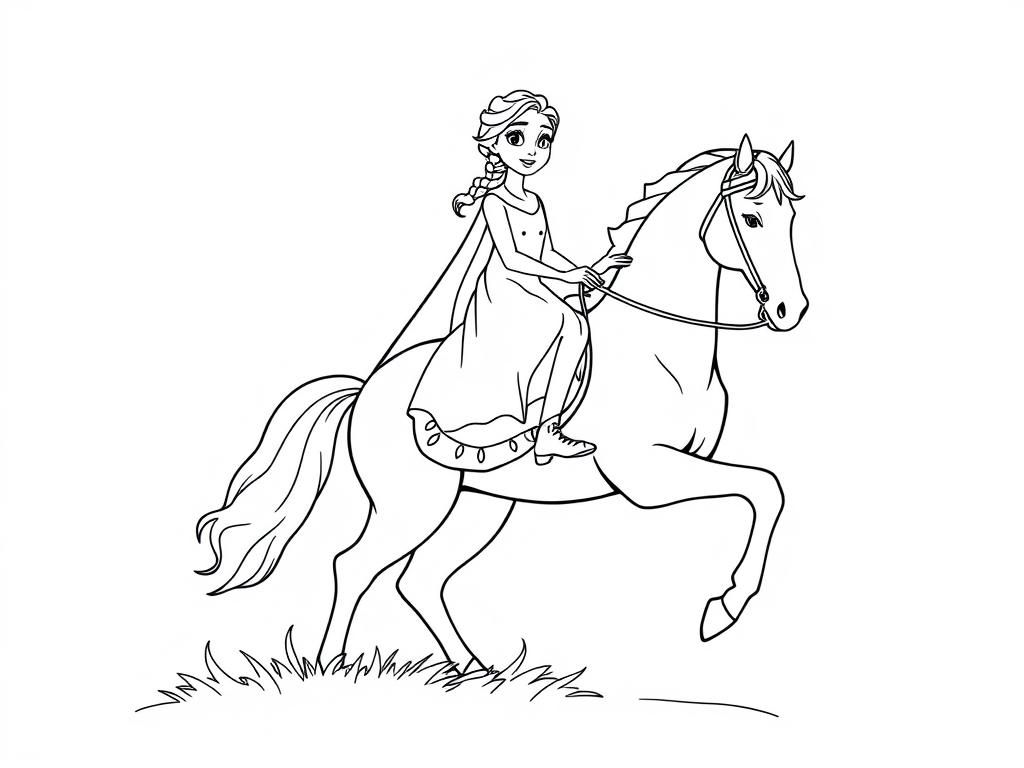 elsa on big horse - Free Printable Coloring Page