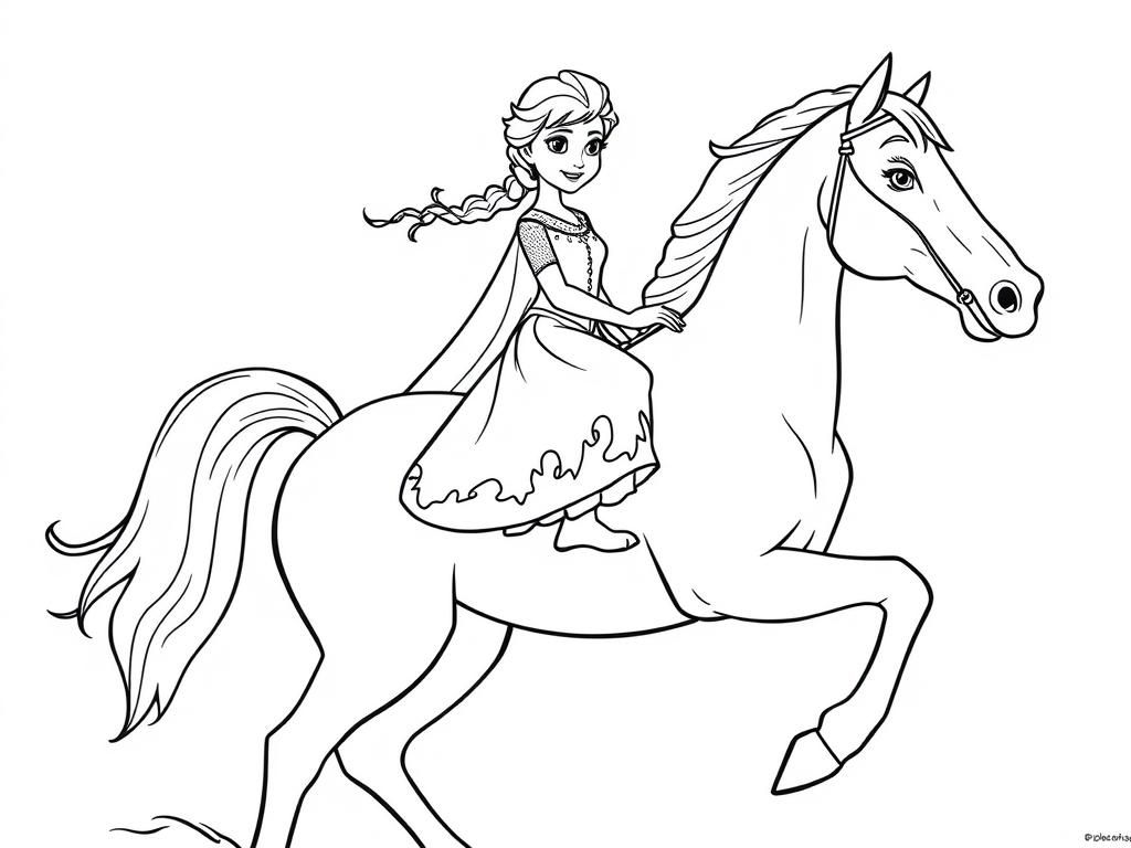 elsa on big horse - Free Printable Coloring Page
