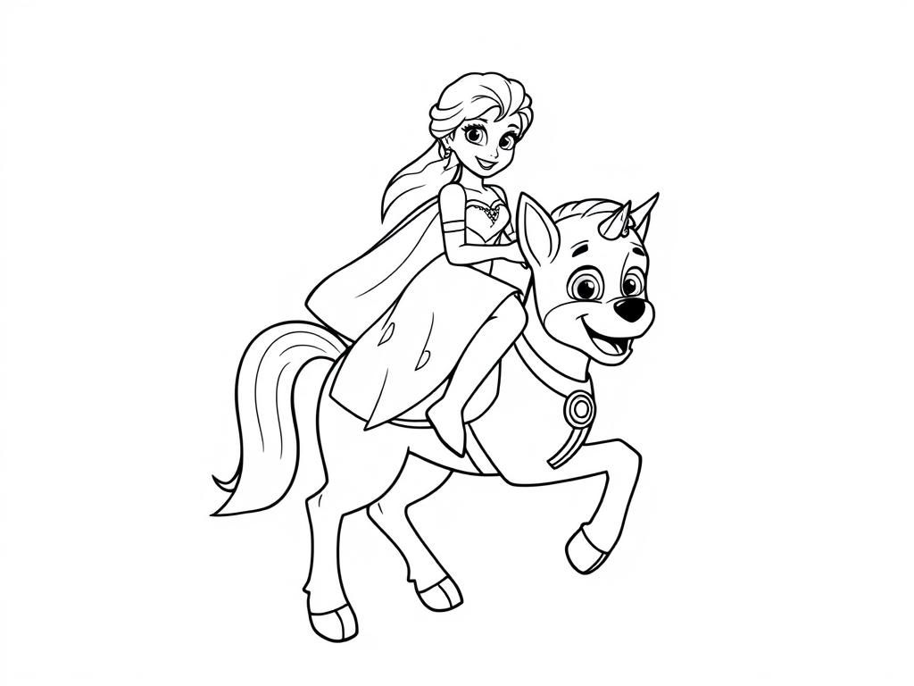 Elsa on unicorn with paw patrol - Free Printable Coloring Page