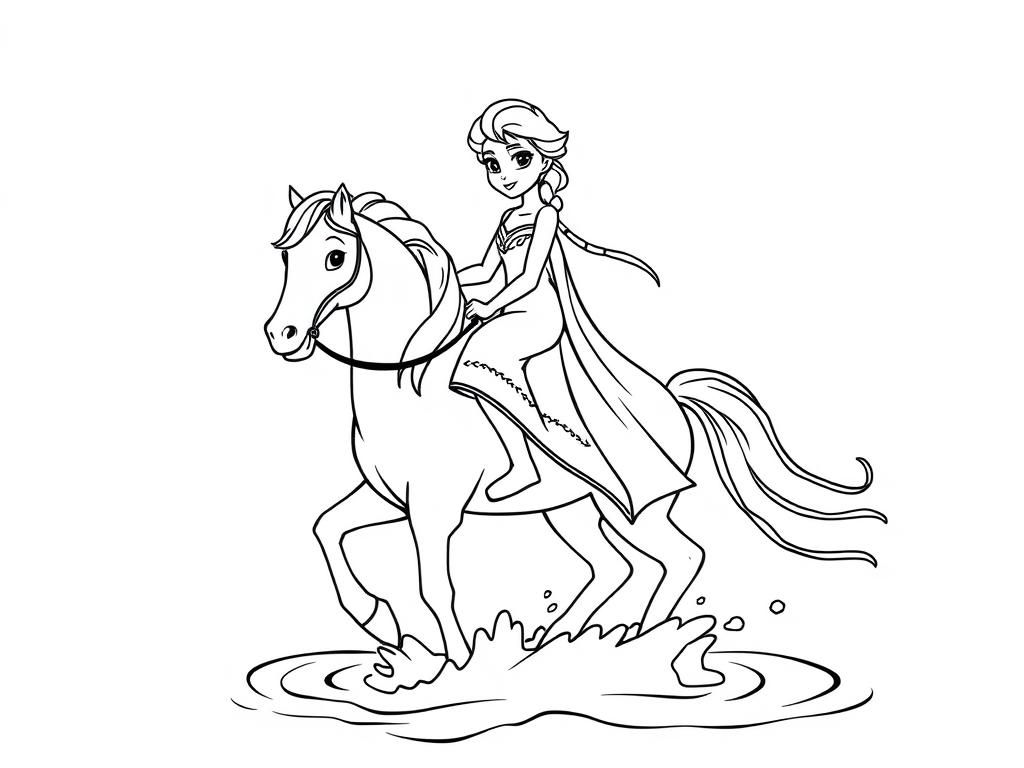 elsa on water horse - Free Printable Coloring Page