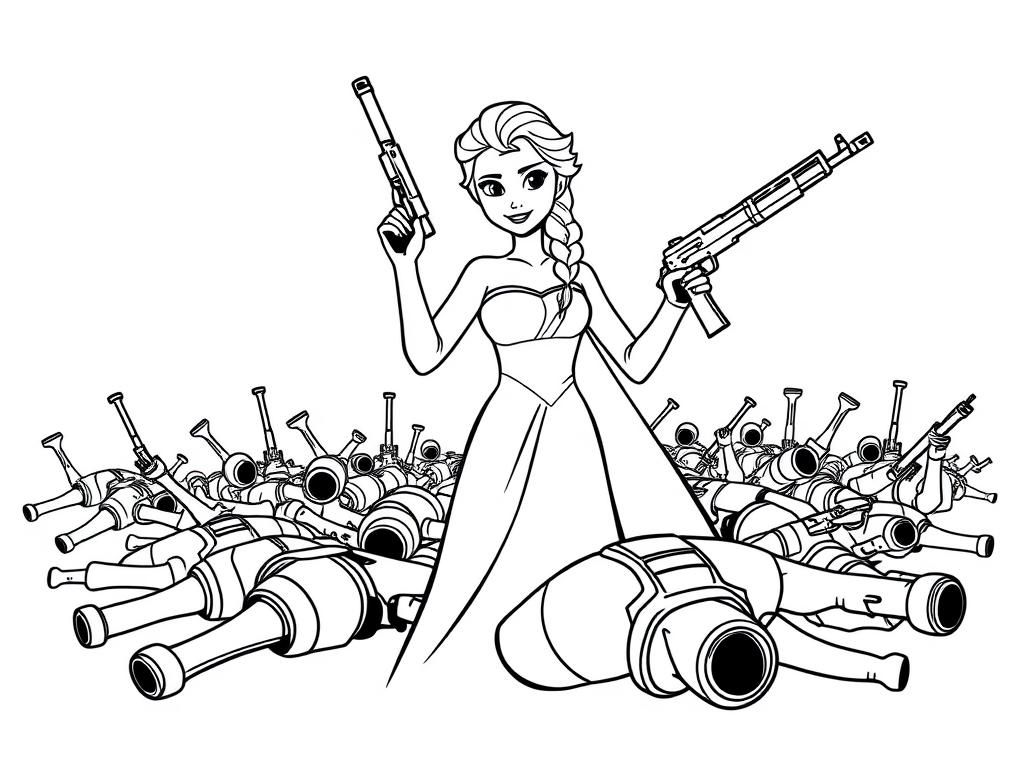 Elsa princess holding gun proud of carnage she caused on battlefield of bodies