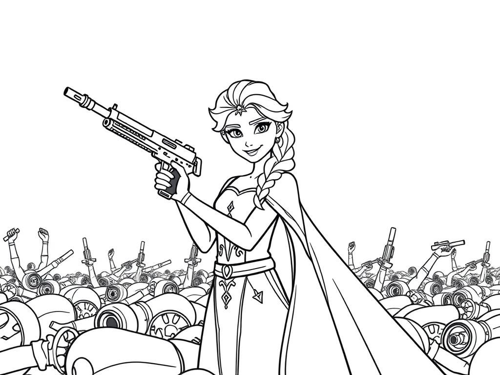 Preview of Elsa princess holding gun proud of carnage she caused on battlefield of bodies