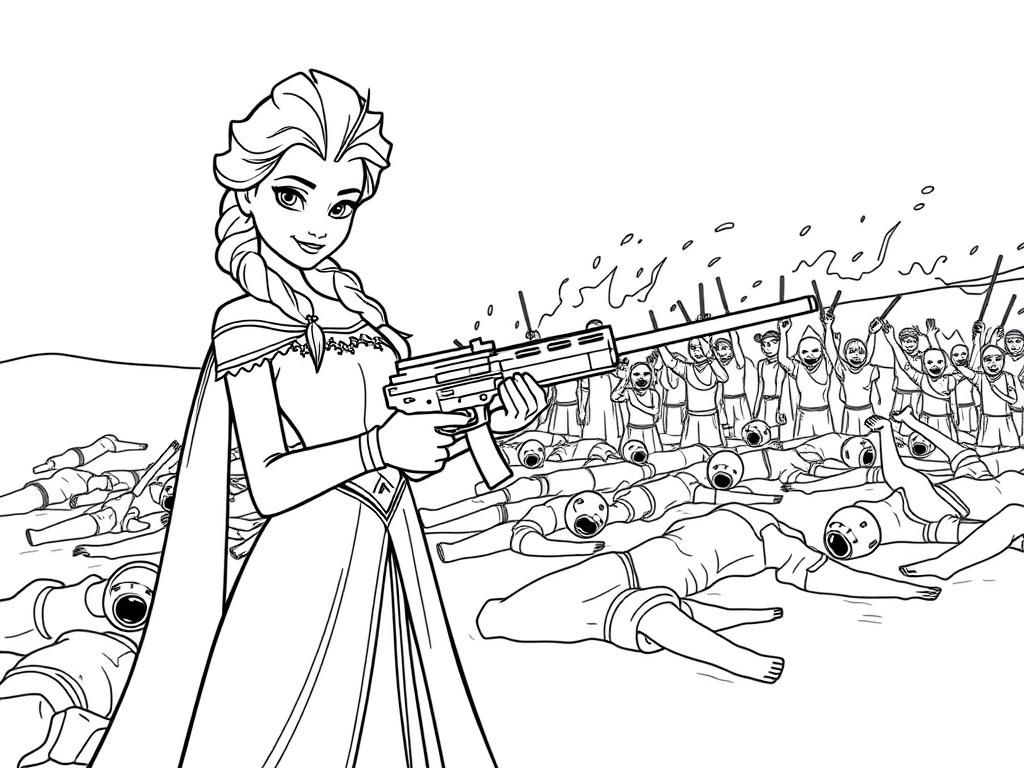 Elsa princess holding gun proud of carnage she caused on battlefield of red bodies