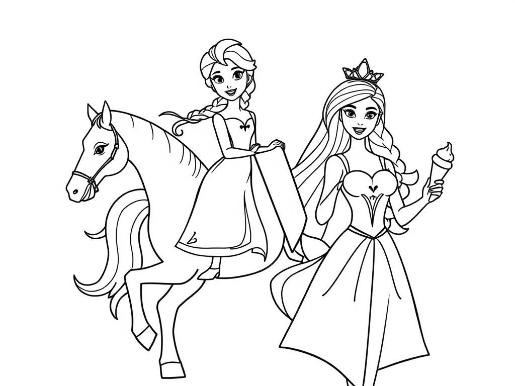 Princesses and Horse Coloring Page