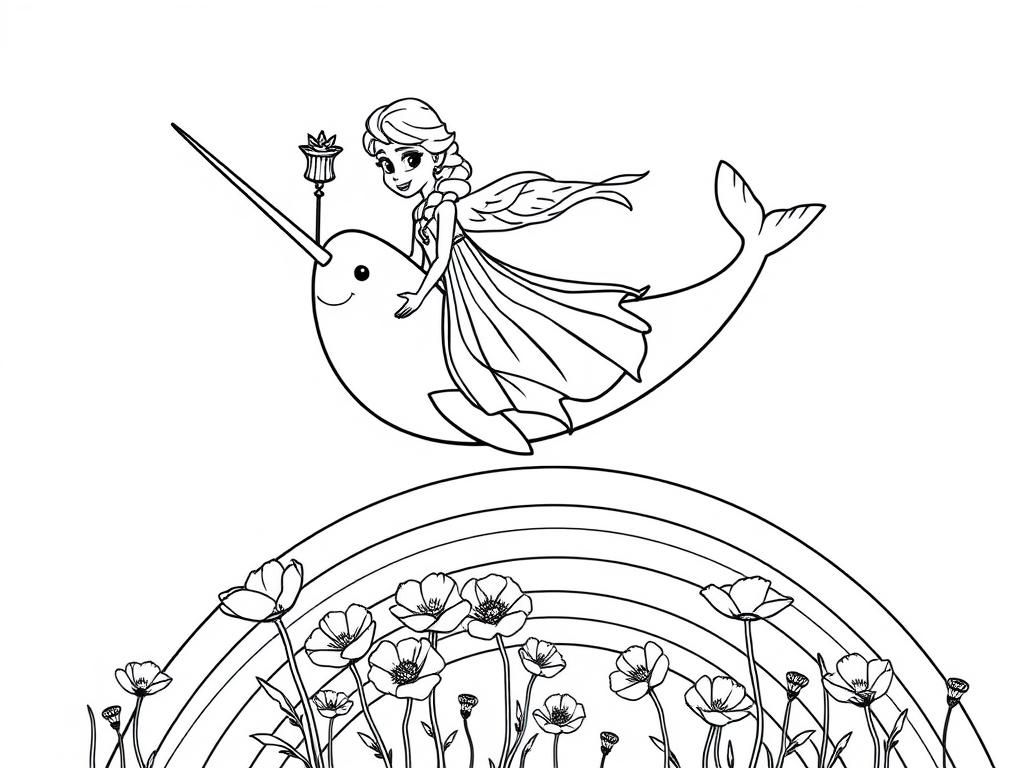 Elsa rijdt op een narwal kleurplaat