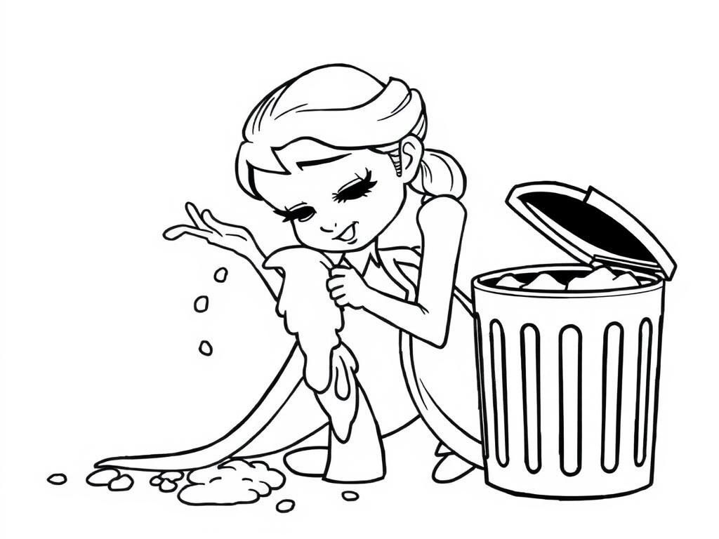 Elsa throwing up in a trashcan - Free Printable Coloring Page