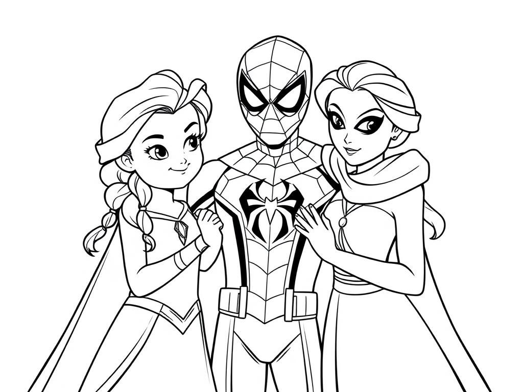 Frozen Coloring Page of Elsa, Spiderman, and Anna Hug