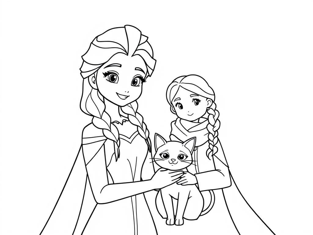 Elsa with Ann and cat - Free Printable Coloring Page