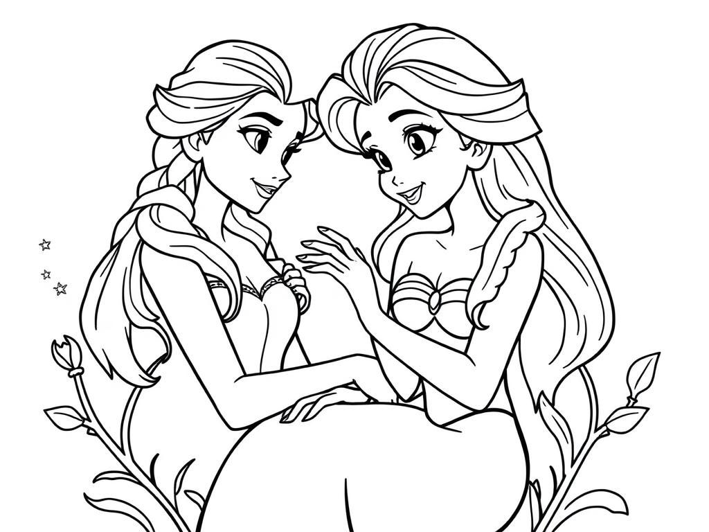 elsa with ariel mermaid - Free Printable Coloring Page