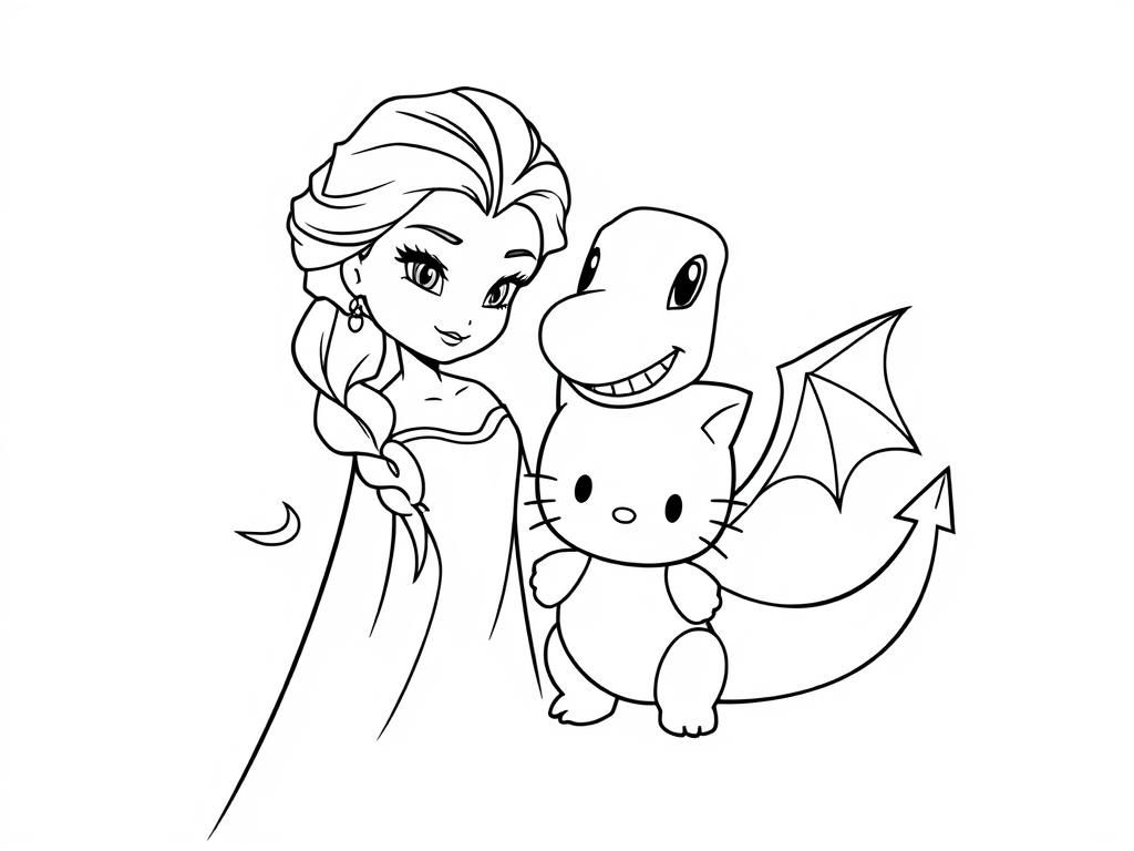 Elsa and Dragon Cat Coloring Page