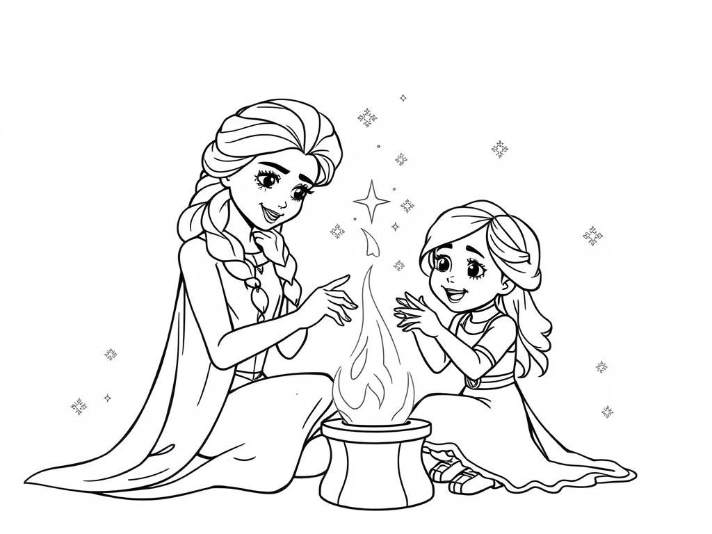 Kleurplaat van Elsa en Anna bij het kampvuur