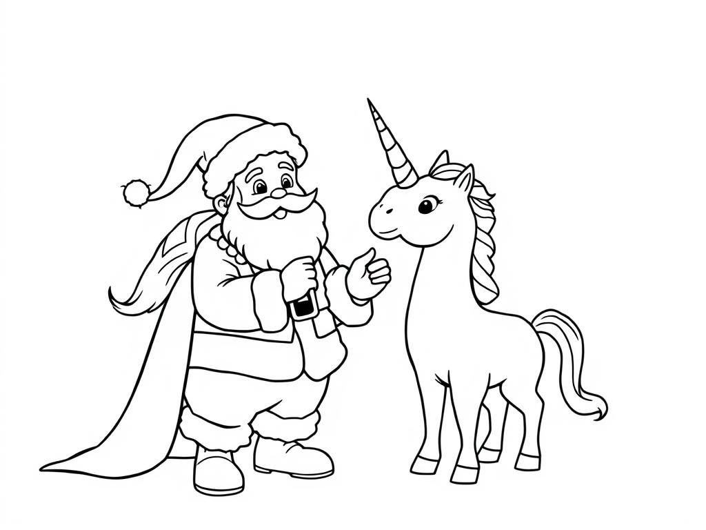 Santa and Unicorn Christmas Coloring Page