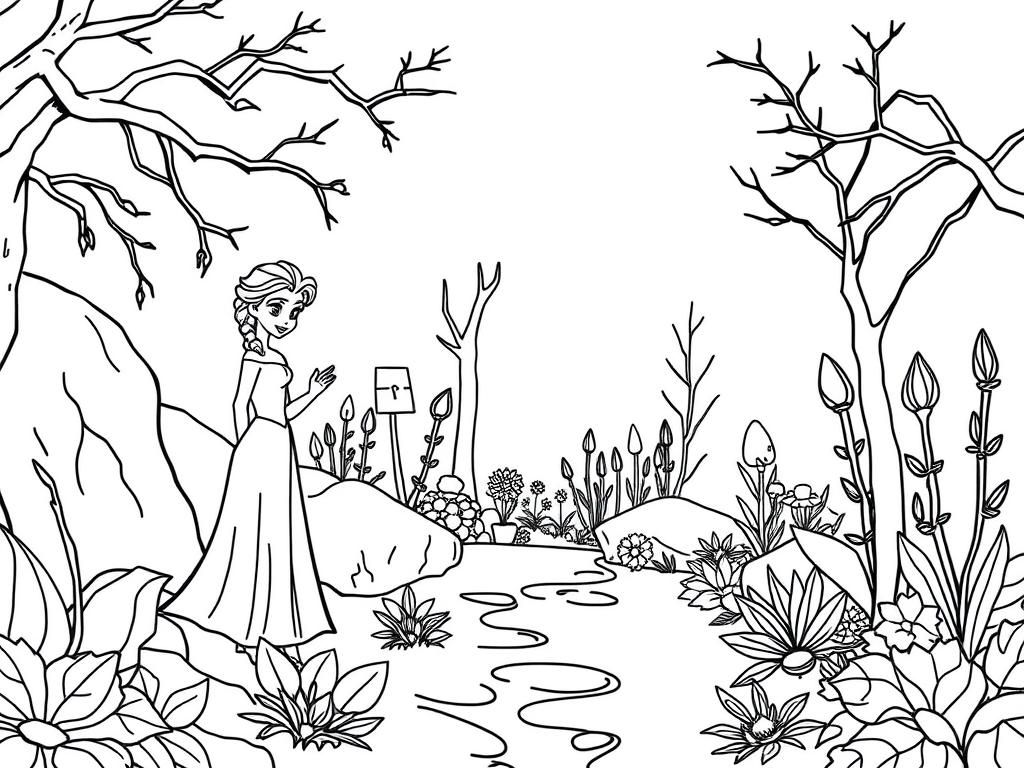 Elsa’s Peaceful Ice Garden - Free Printable Coloring Page