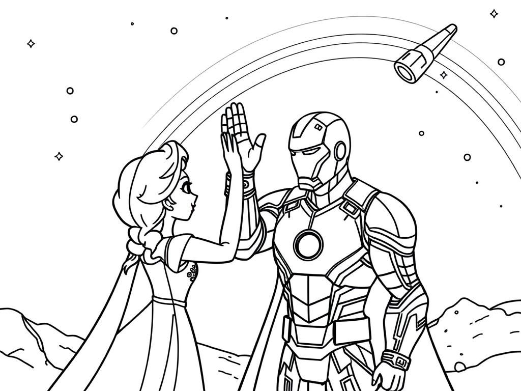 Preview of elza from frozen highfiving iron man with rainbow in the sky and meteorite