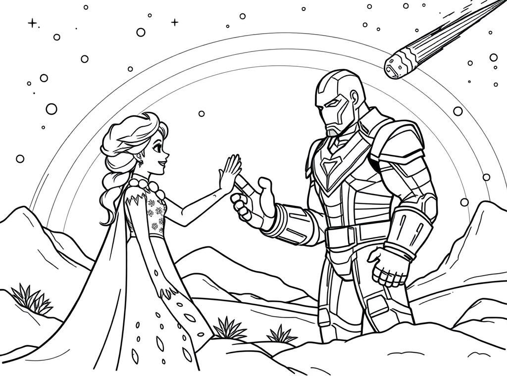 Preview of elza from frozen highfiving iron man with rainbow in the sky and meteorite thanos in space