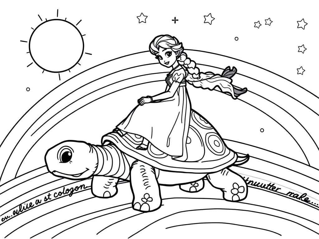 elza from frozen riding turtle over a rainbow with sun and stars in the sky