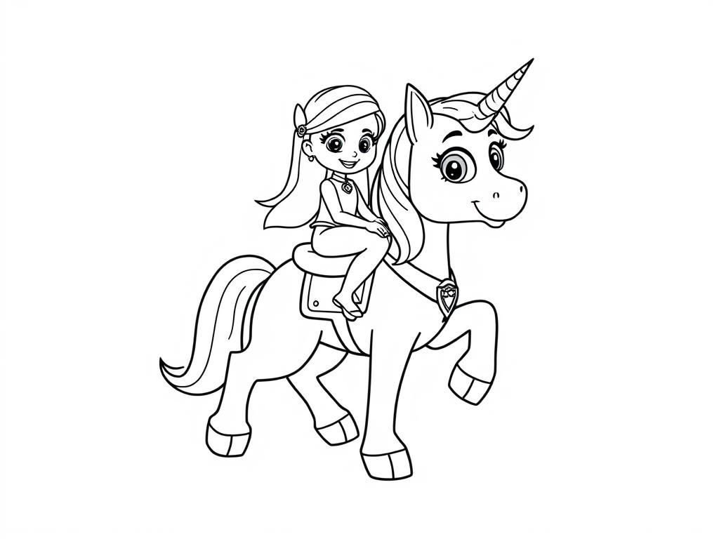 Coloring Page of a Girl Riding a Unicorn