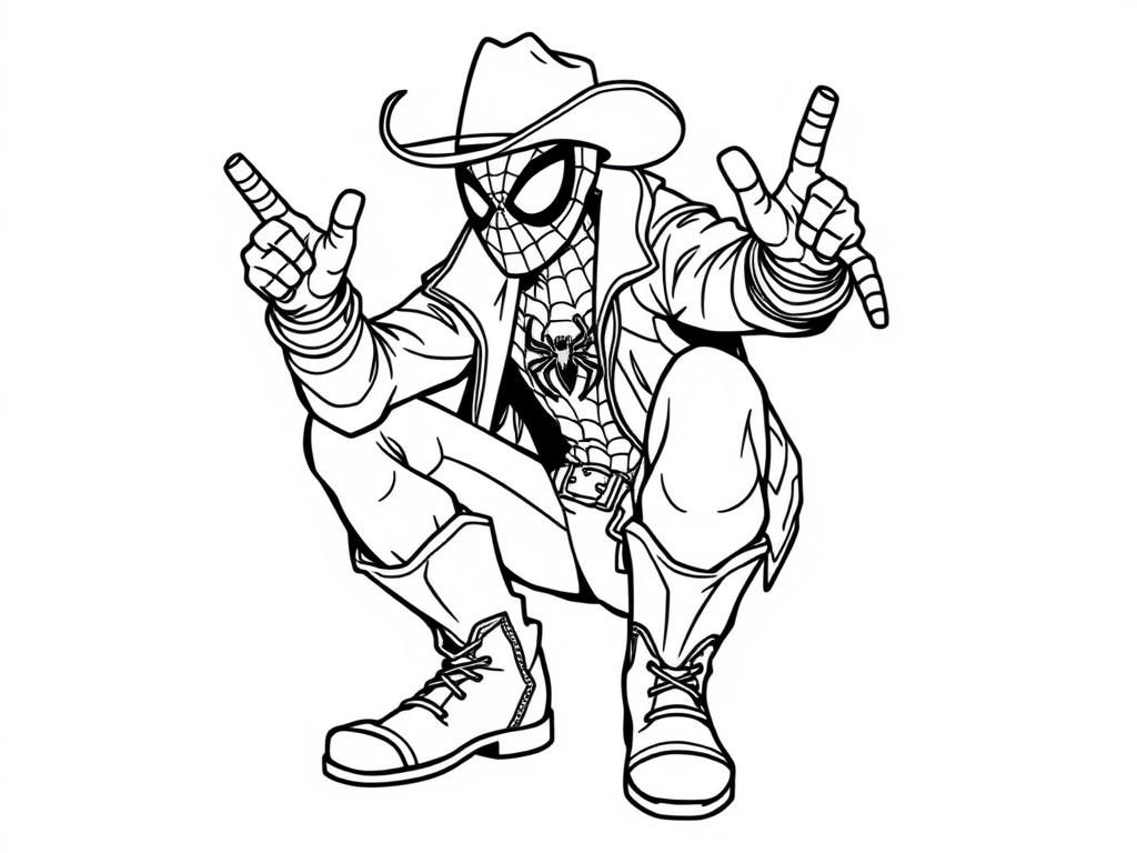 emo spiderman wearing cowboy boots and a cowboy hat and a camo jacket - Free Printable Coloring Page