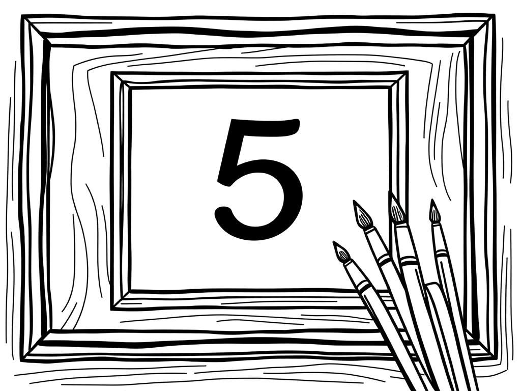 Preview of Empty picture frame with a big number 5 and 5 paint brushes