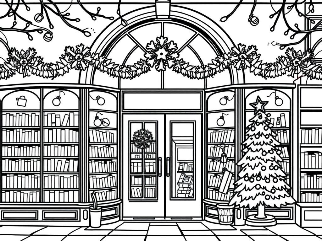 Entrance of bookstore in London in winter. Front should have rounded windows. Books and lights hanging from ceiling visible in the windows. Decorated for Christmas. Pine trees, wreaths, snowflakes.