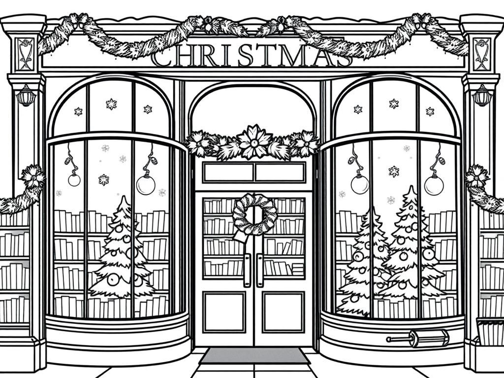 Entrance of bookstore in London in winter. Front should have rounded windows. Books and lights hanging from ceiling visible in the windows. Decorated for Christmas. Pine trees, wreaths, snowflakes.