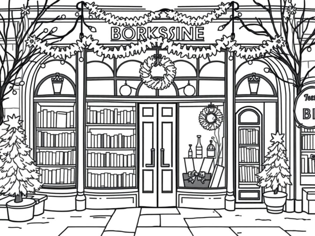 Entrance of bookstore in London in winter. Front should have rounded windows. Books and lights hanging from ceiling visible in the windows. Decorated for Christmas. Pine trees, wreaths, snowflakes. - Free Printable Coloring Page