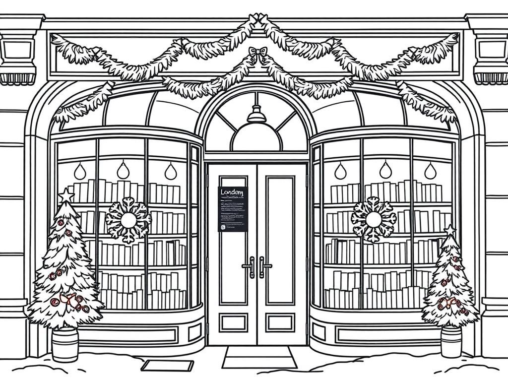 Entrance of bookstore in London in winter. Front should have rounded windows. Books and lights hanging from ceiling visible in the windows. Decorated for Christmas. Pine trees, wreaths, snowflakes. - Free Printable Coloring Page
