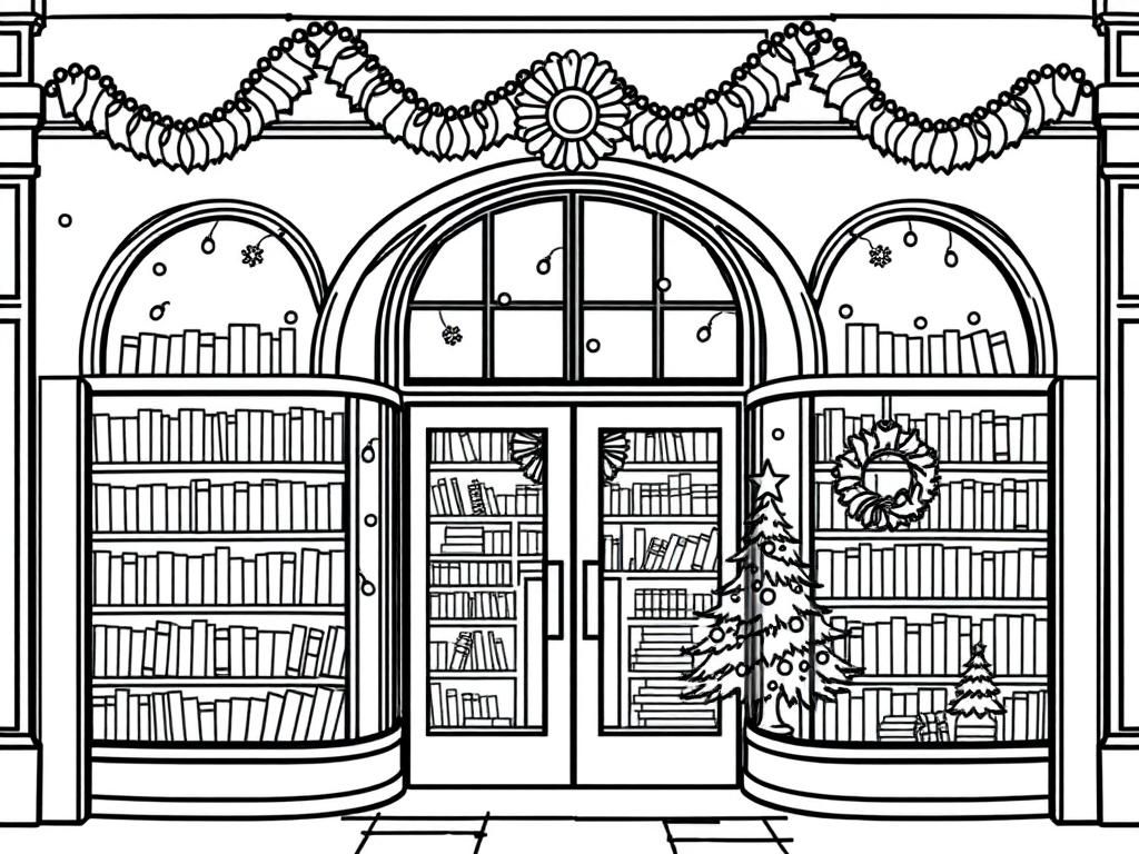 Entrance of bookstore in London in winter. Front should have rounded windows. Books and lights hanging from ceiling visible in the windows. Decorated for Christmas. Pine trees, wreaths, snowflakes. - Free Printable Coloring Page