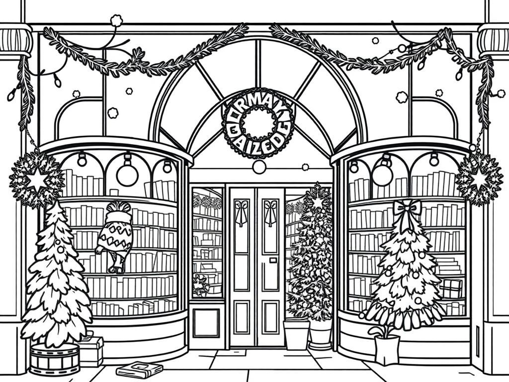 Entrance of bookstore in London in winter. Front should have rounded windows. Books and lights hanging from ceiling visible in the windows. Decorated for Christmas. Pine trees, wreaths, snowflakes.