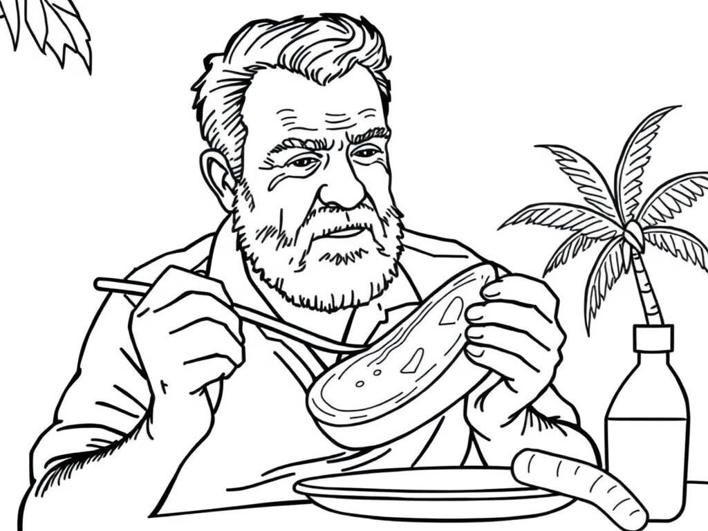 Ernest Hemingway eating baloney in barbados - Free Printable Coloring Page