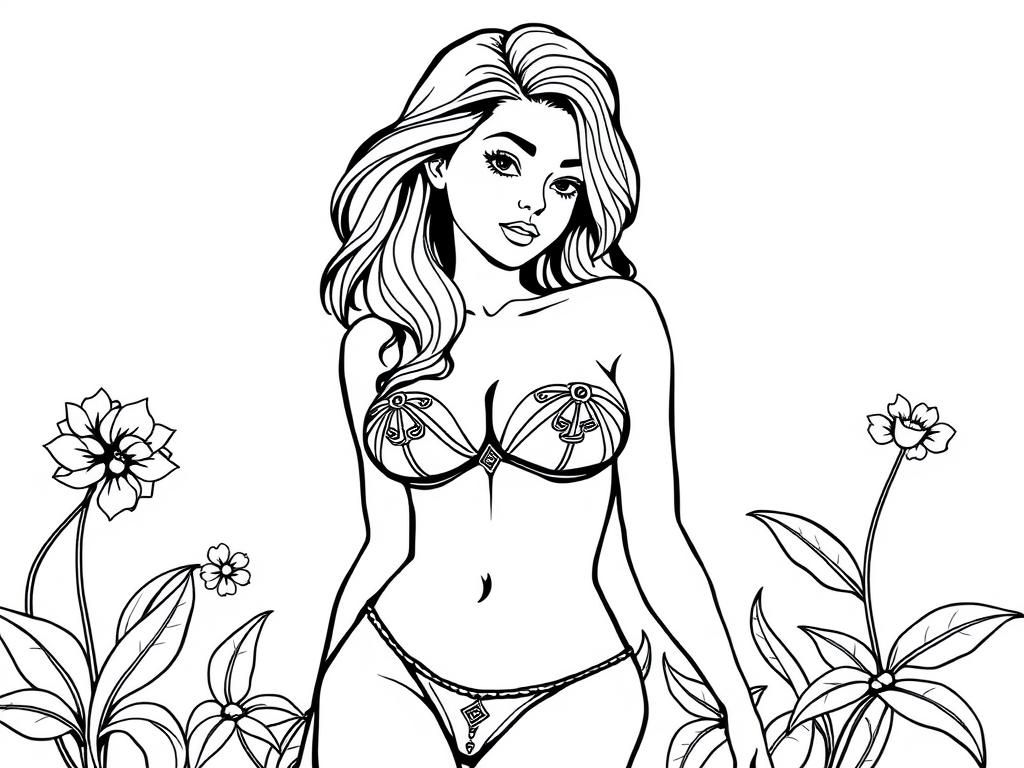 Kleurplaat van een volwassen vrouw in bikini