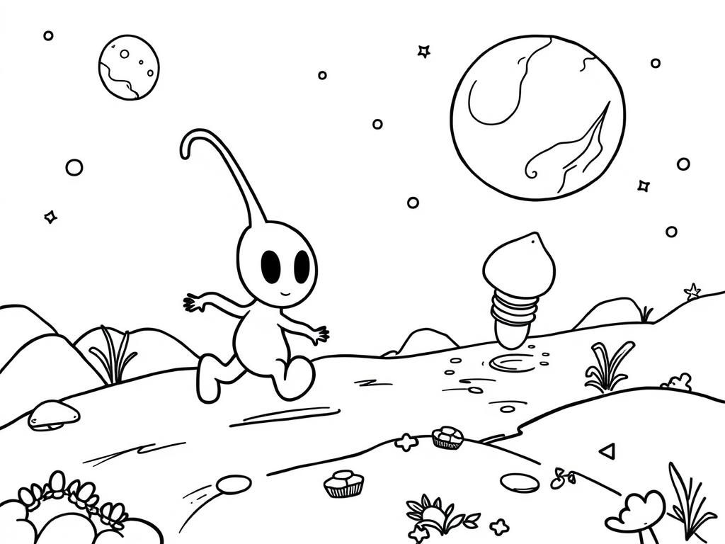 es un pikmin corriendo por un extraño planeta perseguido por un bulbo