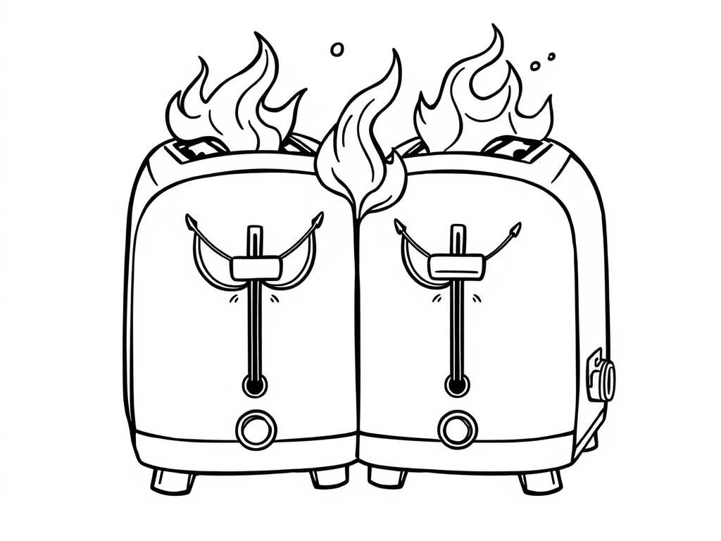 evil toasters with fire and smoke coming out of the slots