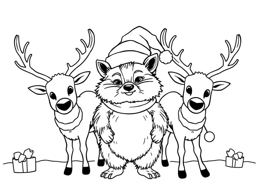 Raccoon with Reindeer Christmas Coloring Page