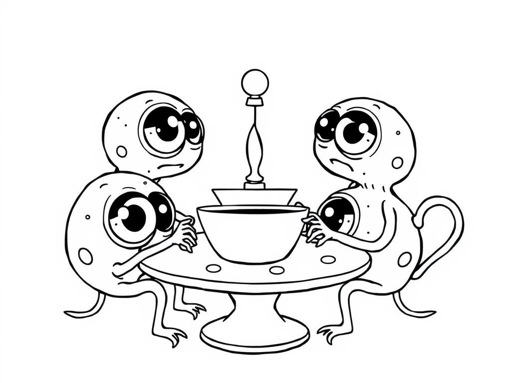 Aliens Eating at a Table Coloring Page
