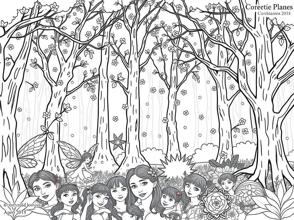 Faeries and trees in a forest with many blossoms and goblins and ogres