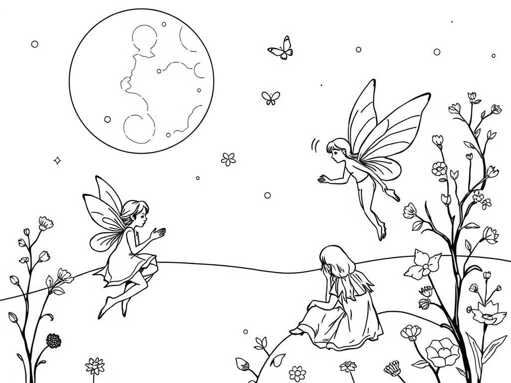 Fairies and Girl Under Moonlight Coloring Page
