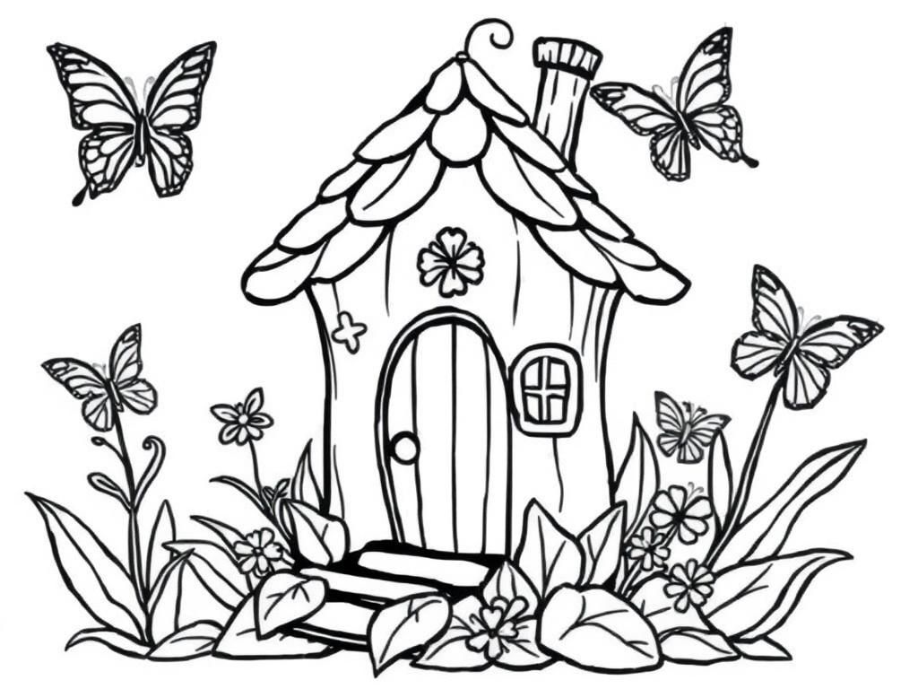 Kleurplaat Fairy Cottage: Speelse feeëntuin