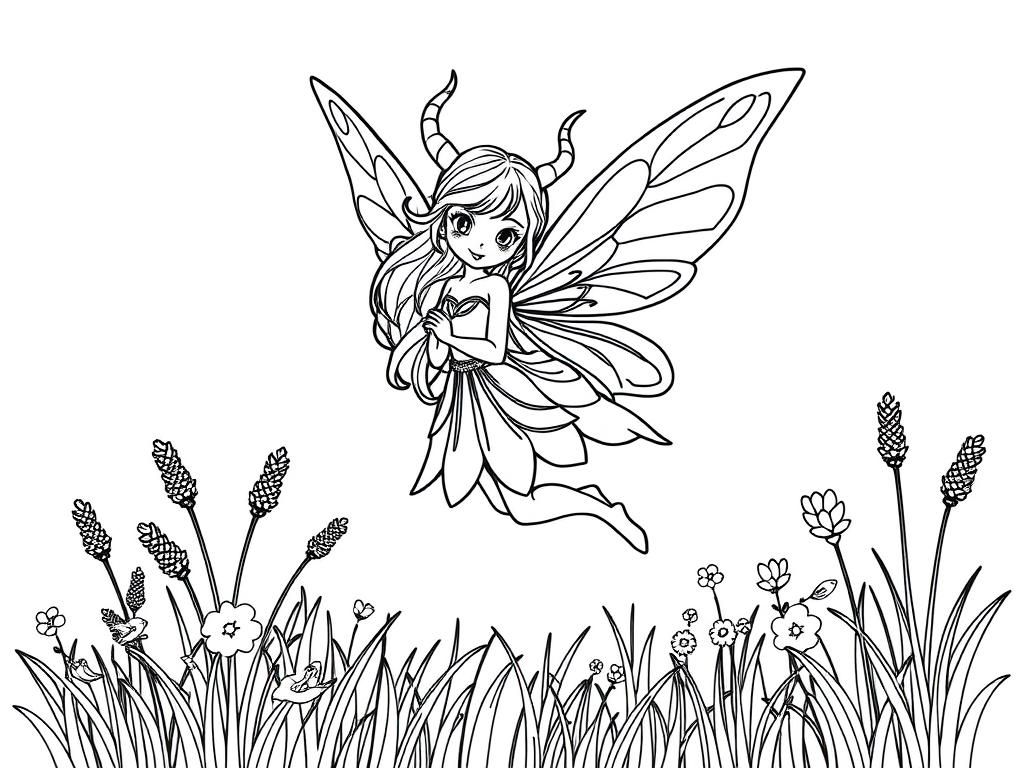 Fairy princess with beautiful wings and horns flying through a magical meadow - Free Printable Coloring Page